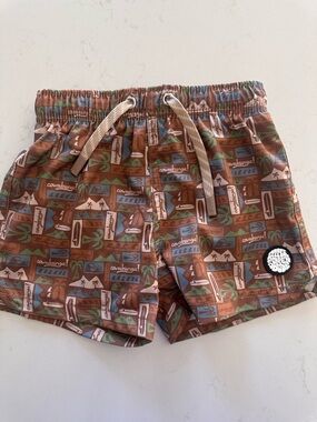 Kids Brown Tropical Print Swim Trunks